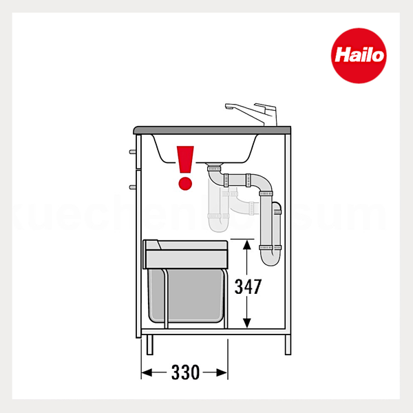Technische Zeichnung für den Einbau eines Hailo Abfalleimers im Spülenunterschrank mit Maßen 330 mal 347 Millimeter und Hailo Logo.