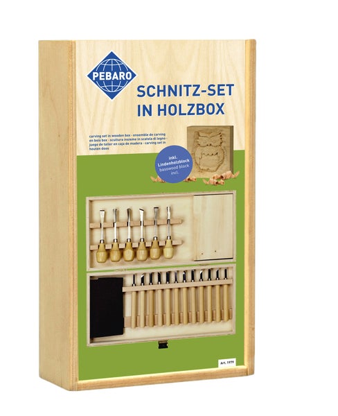 PEBARO 1979 - Schnitz-Set in Holzbox, 20-teilig, 36x18x6cm, Schnitzwerkzeug