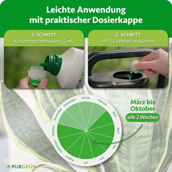 Anwendungsanleitung für Purgrün Dünger mit Dosierkappe: Konzentrat abmessen, mit Wasser verdünnen und Anwendungshinweise von März bis Oktober.