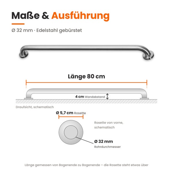 Maßzeichnung eines Edelstahl Haltegriffs mit 32 Millimeter Rohrdurchmesser und 80 Zentimeter Länge.