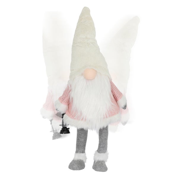 ECD Germany LED Wichtel-Figur mit warmweiß beleuchtete Laterne und Nase 80cm Rosa-Weiß stehend batteriebetrieben Weihnachtsdeko Weihnachtswichtel Weihnachtszwerg Deko Zwerg Gnom Plüsch Puppe mit Mütze
