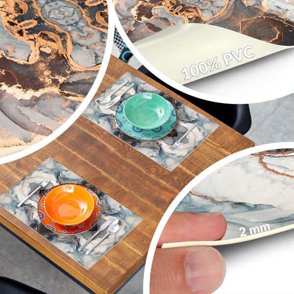 Tischsets aus PVC mit Marmormuster auf Holztisch. Details zeigen Material 100 Prozent PVC und Dicke von 2 Millimeter.
