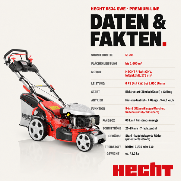 Benzin-Rasenmäher Hecht 5534 SWE mit 51 cm Schnittbreite, Elektrostart, Radantrieb und 60 Liter Fangbox.