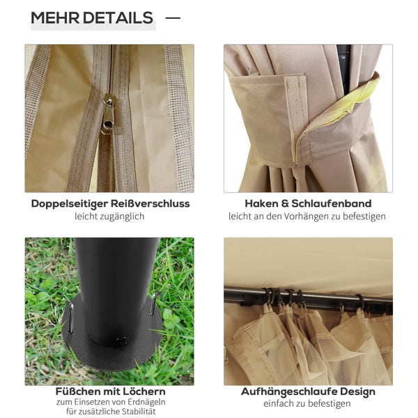 Detailansichten eines Pavillons: doppelter Reißverschluss, Haken- und Schlaufenband, Füße mit Löchern für Erdnägel und Aufhängeschlaufen-Design.