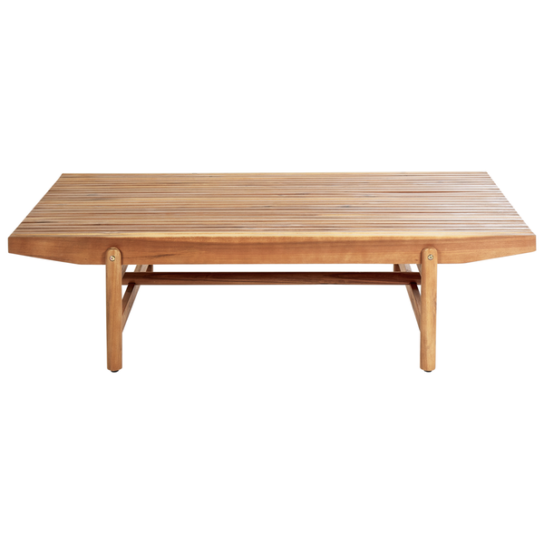 Rechteckiger Loungetisch aus Akazienholz mit Lattenoberfläche für Garten oder Terrasse.