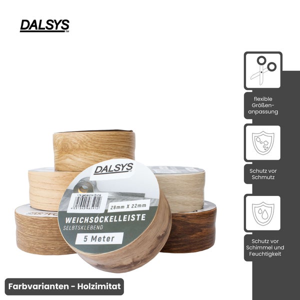Dalsys Weichsockelleiste selbstklebend, 28 mal 22 Millimeter, 5 Meter, Holzimitat, zuschneidbar, Schutz vor Schmutz, Schimmel und Feuchtigkeit.