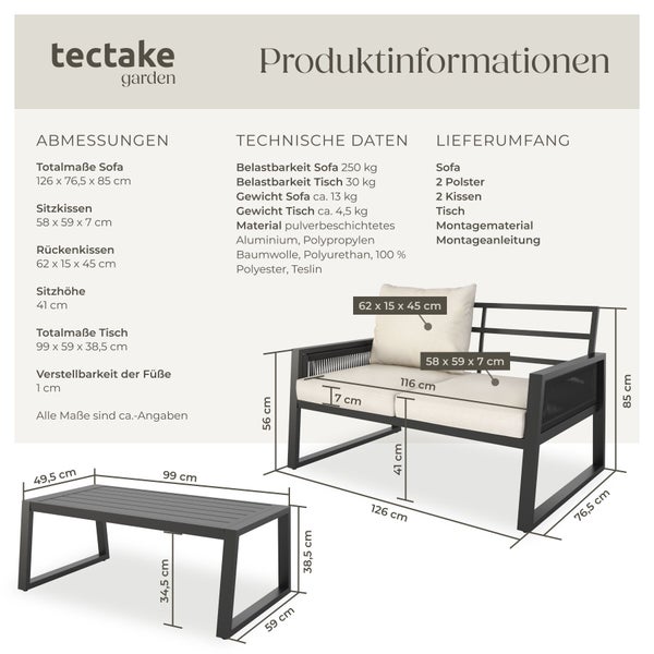 tectake garden Logo. Produktblatt für Gartenmöbel Set mit Sofa und Tisch inklusive technischer Daten und Maßen in Zentimeter.