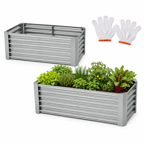 Rechteckiges Hochbeet aus Metall mit Wellenstruktur, ein leeres und ein bepflanztes Beet mit Kräutern und Gemüse sowie Gartenhandschuhe.