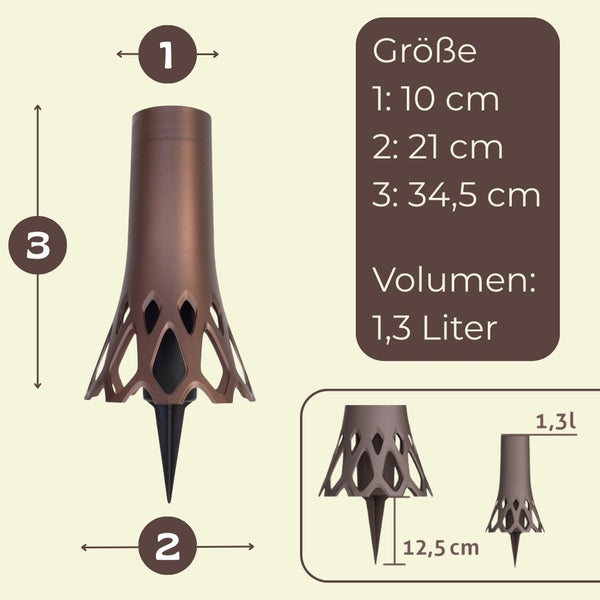 Illustration mit Maßangaben eines Erdspieß-Pflanzgefäßes.