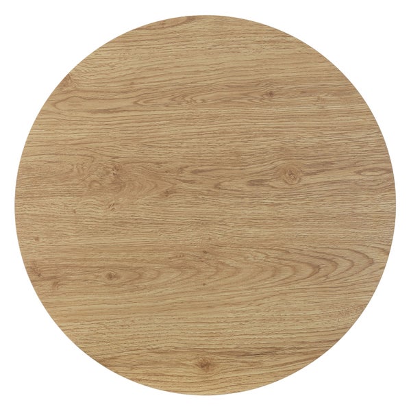 Runde Tischplatte in Eiche-Optik mit Holzmaserung.