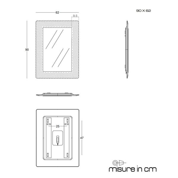 Technische Zeichnung eines Spiegels mit Abmessungen in Zentimetern
