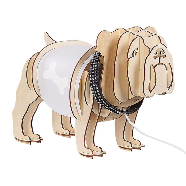 Dekorative Bulldoggenlampe aus Holz mit Knochenmuster