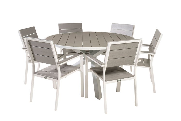 Parma Gartenset Tisch Ø140cm und 6 Stühle Levels weiß, grau. 140 X 140 X 73 cm