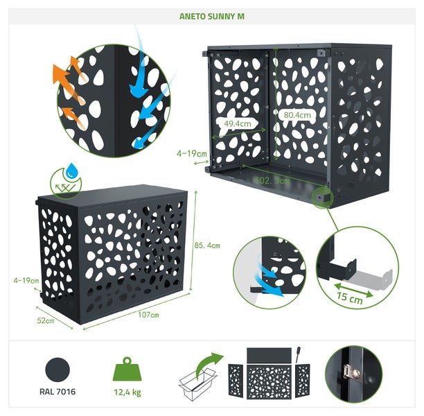 Aneto Sunny M Geräteschrank mit Lochmuster und Maßangaben