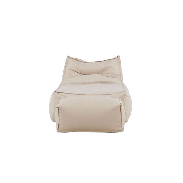 Beiger Sitzsack mit hoher Rückenlehne und dazu passendem rechteckigem Hocker.