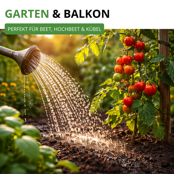 Tomatenpflanze in einem Gartenbeet wird mit einer Gießkanne bewässert. Text: Garten und Balkon, perfekt für Beet, Hochbeet und Kübel.