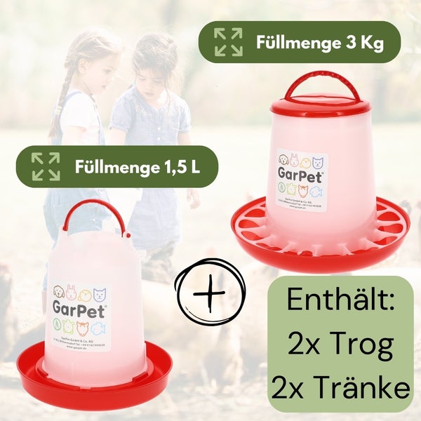 Zwei Futterautomaten und zwei Tränken für Hühner mit Füllmengen 1,5 Liter und 3 Kilogramm