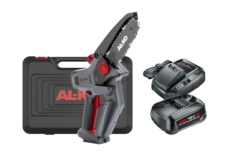 AL-KO Akku-Minikettensäge im Set mit Akkumulator, Ladegerät und Transportkoffer.