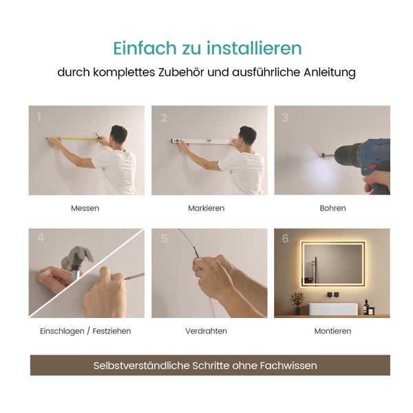 EMKE LED-Badspiegel 70 x 50 cm, Warmweiß, 21 W, Aluminiumbügel Weiß, rostfreier Spiegel, Stromausfall-Memory, flexible Montage, IP44, für Bad