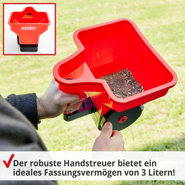 Handstreuer aus Kunststoff mit Füllung und Hecht Logo