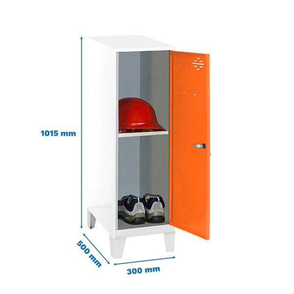 Spind mit offener Tür, Helm und Schuhen, Maße 1015 x 500 x 300 Millimeter