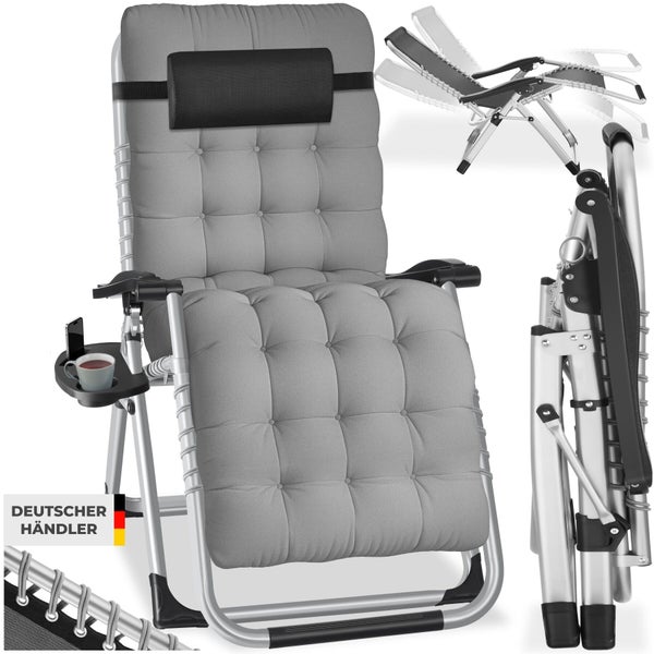 Verstellbarer Liegestuhl mit Getränkehalter und Kopfstütze sowie Deutscher Händler Kennzeichnung.