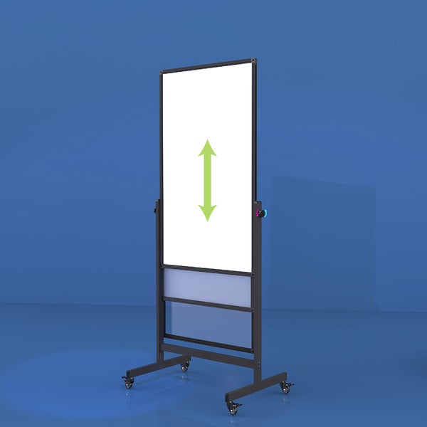 Mobiles Whiteboard auf Rollen, höhenverstellbar, mit schwarzem Metallrahmen und einem unteren Glaselement.