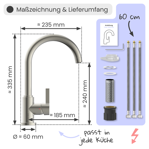 Maßzeichnung einer Küchenarmatur mit Lieferumfang: Höhe circa 335 Millimeter, Ausladung circa 235 Millimeter, inklusive Montageset und Schläuchen.