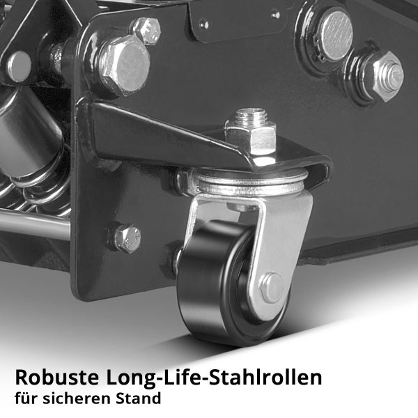 Detailansicht einer robusten Stahlrolle an einem Wagenheber für einen sicheren Stand