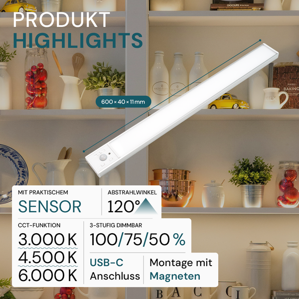 LED Unterbauleuchte mit Sensorfunktion, 600 x 40 x 11 Millimeter, Abstrahlwinkel 120 Grad, dreistufig dimmbar, USB-C Anschluss und magnetischer Montage