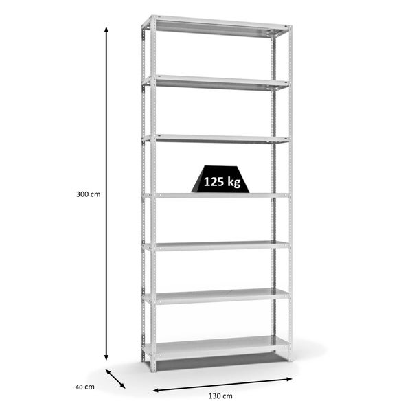 PROREGAL Fachbodenregal Schraubsystem Light-Duty Grundregal HxBxT 300 x 130 x 40 cm 7 Ebenen Fachlast 125 kg Beidseitig Nutzbar Lichtgrau