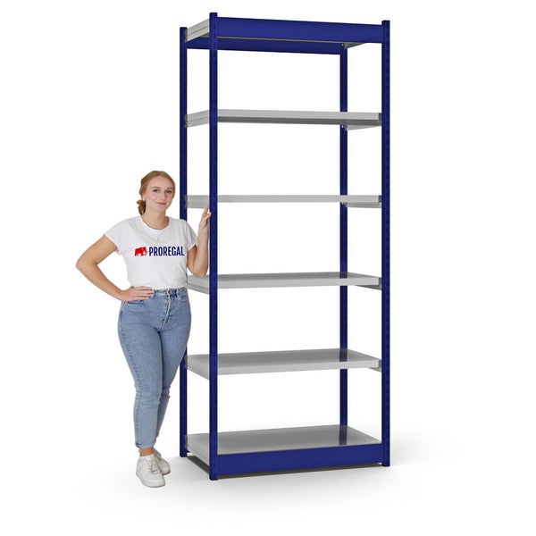 PROREGAL Fachbodenregal Stecksystem Vierkant-Profil Grundregal HxBxT 250 x 102,5 x 50 cm 6 Ebenen Einseitige Bauart Fachlast 200 kg Enzianblau