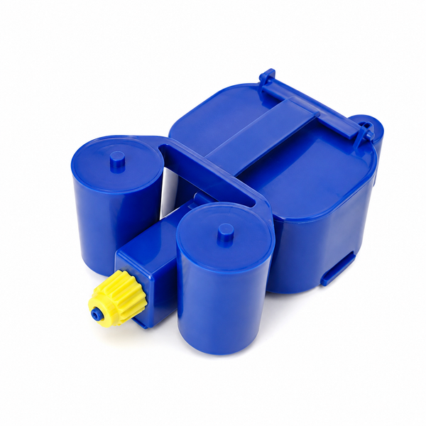 Kunststoffspülkasten-Ersatzteil mit zwei runden Schwimmern und gelbem Einstellrad.