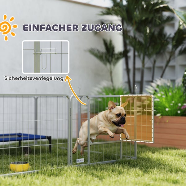 PawHut Welpenauslauf 60 cm Hoch, 8-TLG Hundelaufstall Welpenlaufstall mit Gurt und Tür, Freilaufgehege für kleine Hunde, Meerschweinchen, Kaninchen, Stahl, Silber