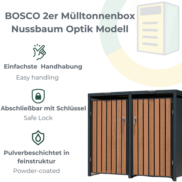 My Mülltonne BOSCO Mülltonnenbox-Nussbaum Optik, 2er Modell, RAL 7016 anthrazit, 132 x 80 x 116 cm mit Klappdach inkl. Gasdruckdämpfer und SoftClose