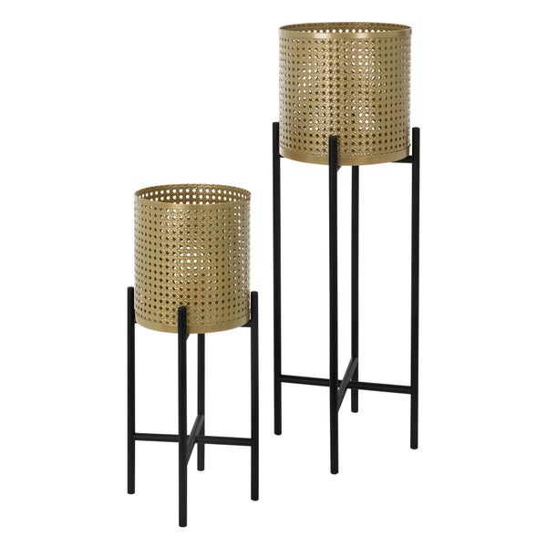 ML-Design Blumenständer 2er Set Schwarz-Gold 17x17x55/19x19x75,5 cm, aus Stahl, Blumentopfständer mit Übertopf, Metall Pflanzenständer, Blumentopfhalter 2-tlg, Pflanztopf Deko Blumensäule Blumenhocker