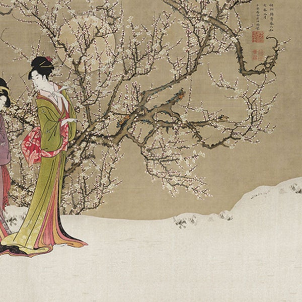 Gemälde von zwei Frauen in Kimonos unter einem blühenden Baum