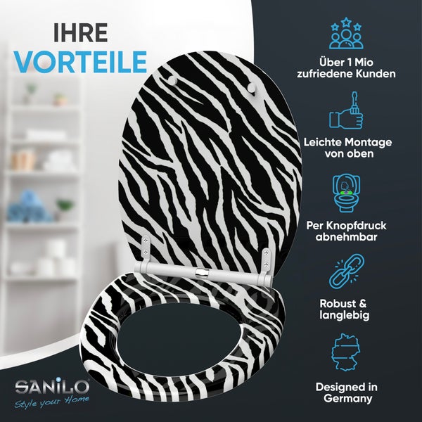 Sanilo Logo. Toilettensitz mit Zebramuster. Merkmale: Montage von oben, abnehmbar per Knopfdruck, robust, langlebig, entworfen in Deutschland.