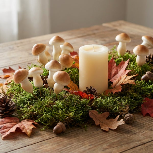 Herbstliche Tischdekoration mit Moos, Dekopilzen, Eicheln, Tannenzapfen, Herbstblättern und einer Stumpenkerze auf einem Holztisch.