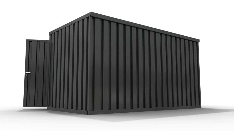 Lagercontainer Gerätehaus XXL  – 12 qm, H2150 x B6080 x T2170 mm, Außenwandlackierung anthrazit, Dach außen verzinkt, mit Holzfußboden, 2750 mm Doppelflügeltür mittig in Breitseite, montiert