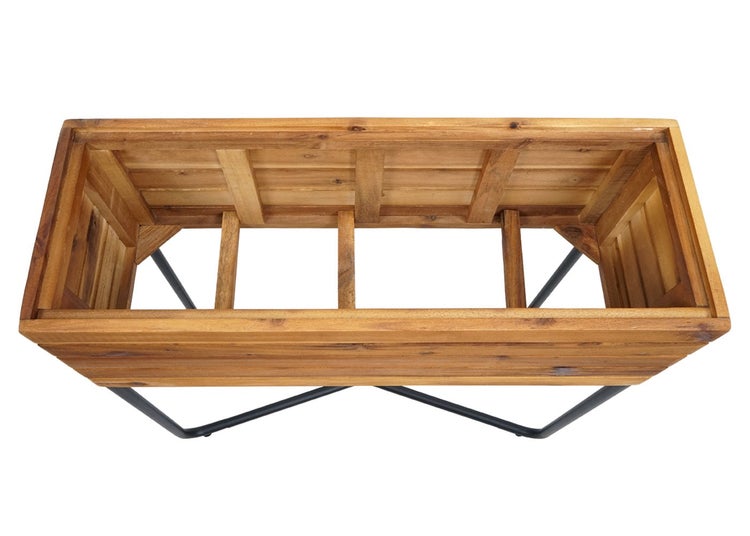 Rechteckiger Pflanzkasten aus Holz mit schwarzem Metallgestell in der Draufsicht.