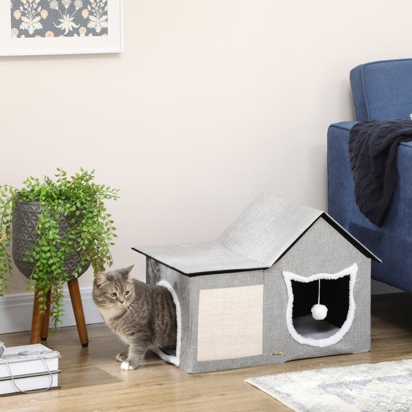 PawHut Katzenhöhle, Katzenhaus mit Kratzfläche, Katzenhütte mit Doppeltüren, Kuschelhöhle mit Kissen, Katzenbett mit Spielball, Polyester, Grau, 65 x 41 x 45,5 cm