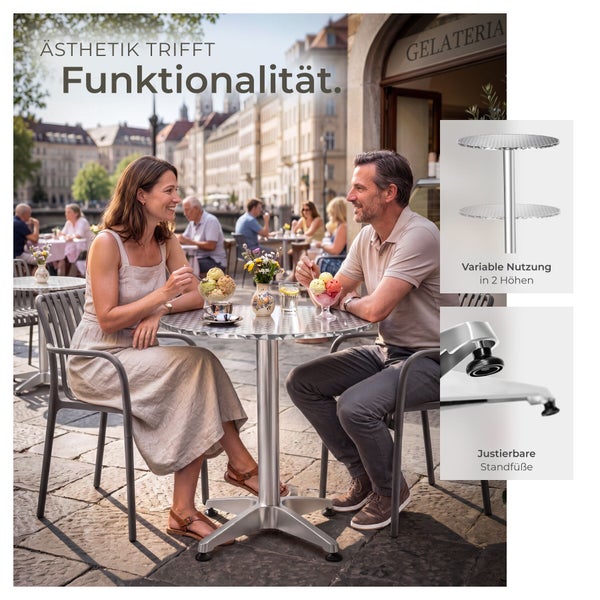 Ein Paar sitzt an einem Bistro-Tisch im Freien, der durch variable Höhen und justierbare Standfüße für hohe Funktionalität und Stabilität sorgt.