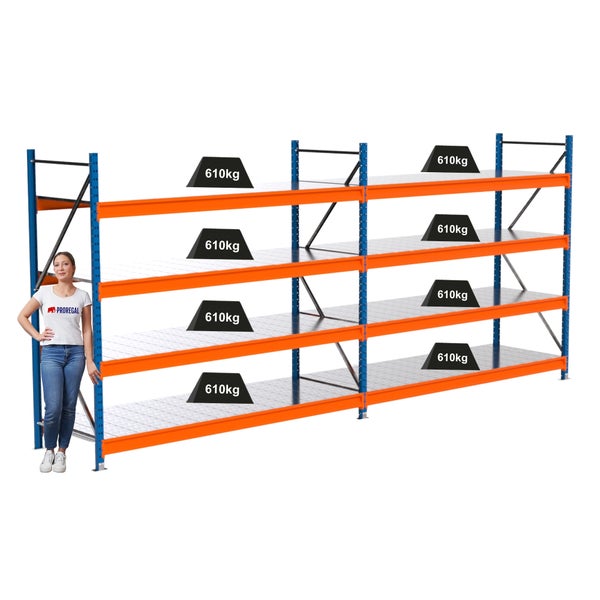 Lagerregal mit vier Ebenen und einer Traglast von 610 Kilogramm pro Ebene