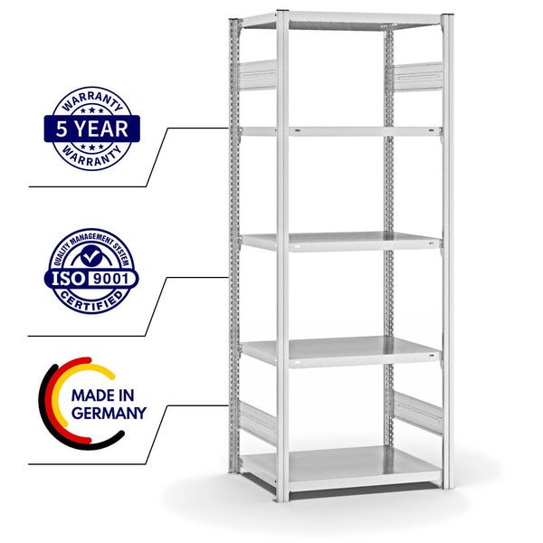 PROREGAL Fachbodenregal Stecksystem T-Profil Light-Duty Grundregal HxBxT 200 x 75 x 50 cm 5 Ebenen Fachlast 140 kg Beidseitig Nutzbar Lichtgrau