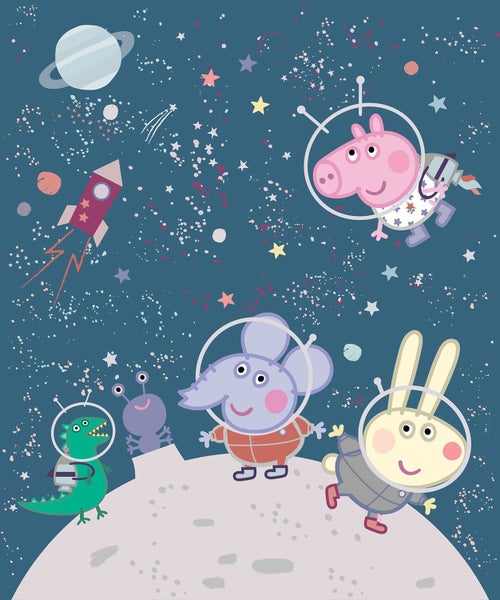 Illustration mit Peppa Wutz und Freunden als Astronauten im Weltraum