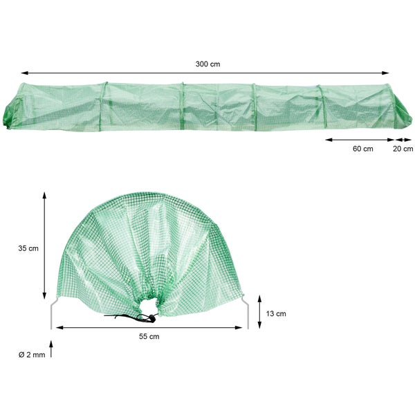 ECD Germany 2x Folientunnel Pflanztunnel 300x55x35 cm 3m Transparent/Grün PE-Gitterfolie 135 g/m² mit 6 Gewölbter Stahldraht Ø 2mm, Foliengewächshaus Gewächshaustunnel Gewächshaus Treibhaus Frühbeet