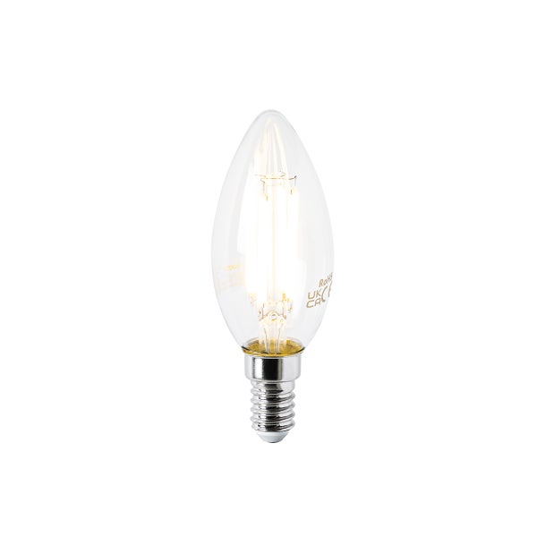 Klare LED-Filament-Lampe in Kerzenform mit E14-Sockel.