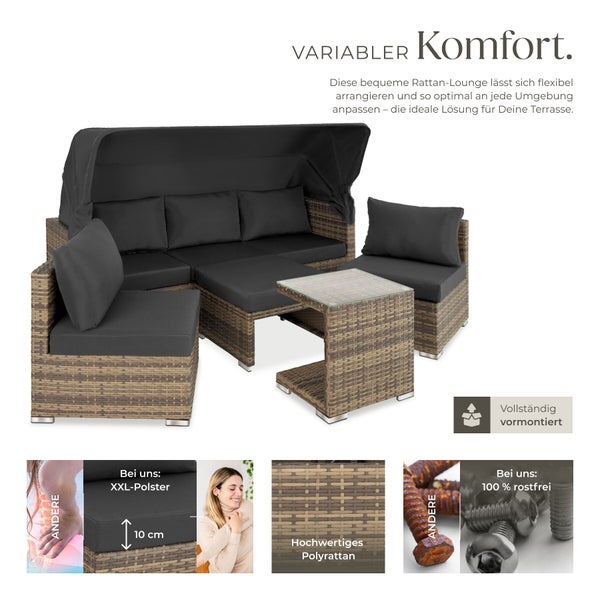 Polyrattan Garten-Lounge-Set mit klappbarem Sonnendach, 10 Zentimeter dicken Polstern und Glastisch, rostfrei und vormontiert.