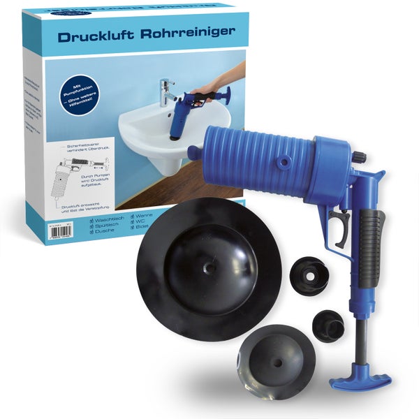 Sanitop-Wingenroth Pressluft Rohrreiniger Druckluft | für alle Abflüsse im Sanitärbereich | bis 3,5 Bar | inklusive 4 PVC-Aufsätzen | ohne Chemikalien | Abflussreiniger Pumpe | 254434